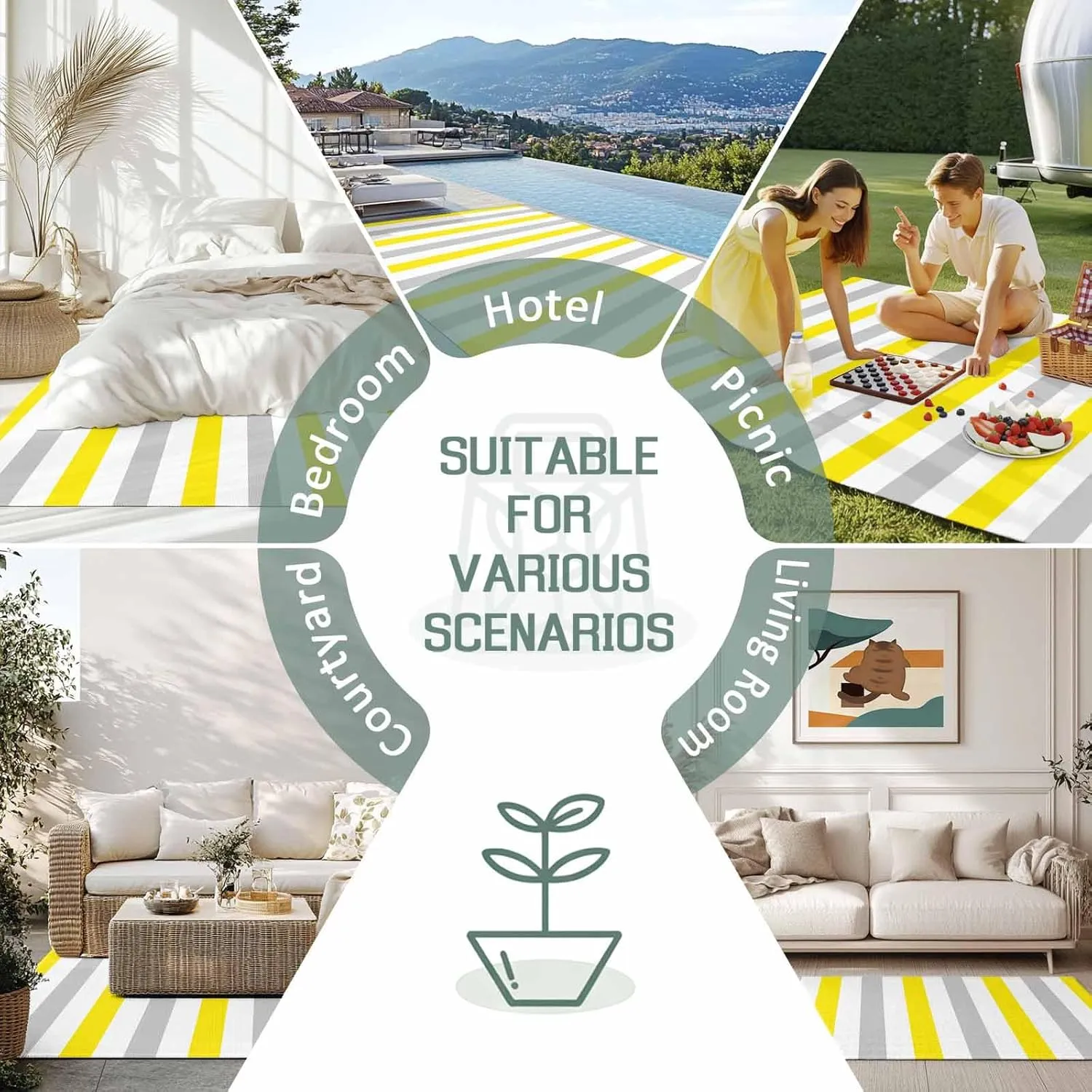 Yellow Stripe Outdoor Rug 5x8ft Large Patio Rug,Washable RV Camping Outside Area Runner Rug Mat,Geometric Grey White Vertical Striped Carpet for Picnic Backyard Deck Porch Balcony Beach & Indoor