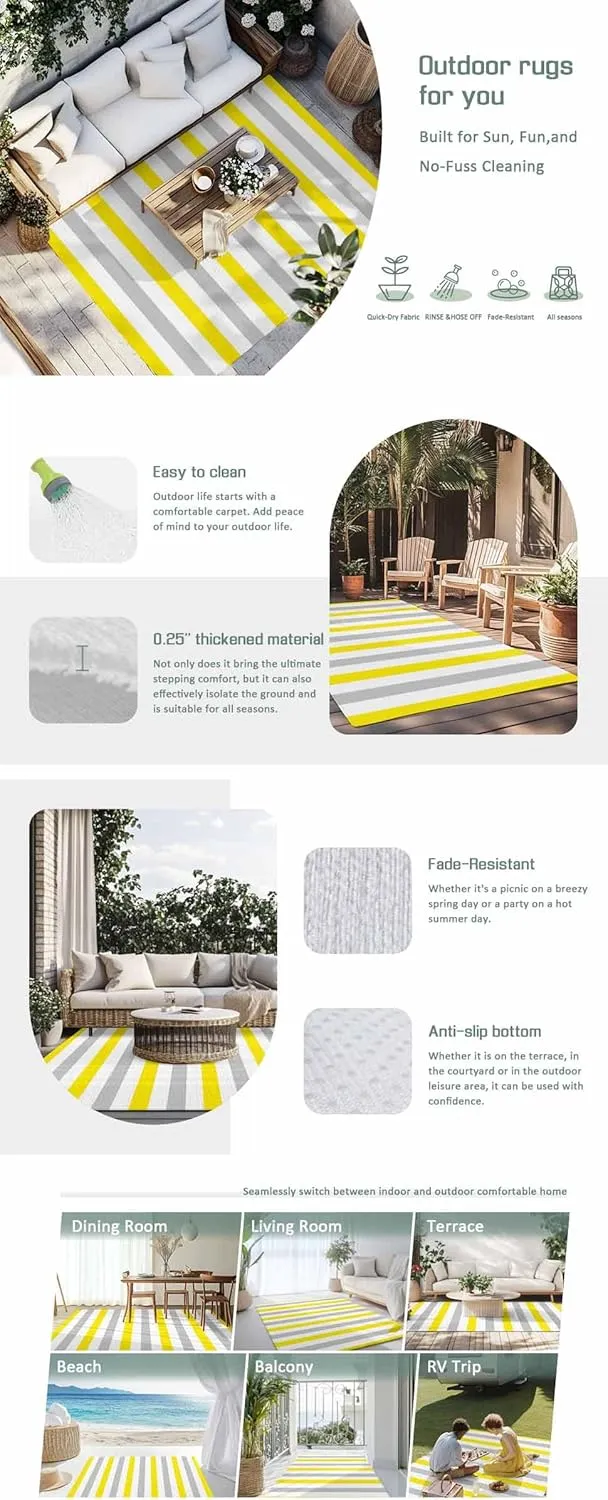 Yellow Stripe Outdoor Rug 5x8ft Large Patio Rug,Washable RV Camping Outside Area Runner Rug Mat,Geometric Grey White Vertical Striped Carpet for Picnic Backyard Deck Porch Balcony Beach & Indoor