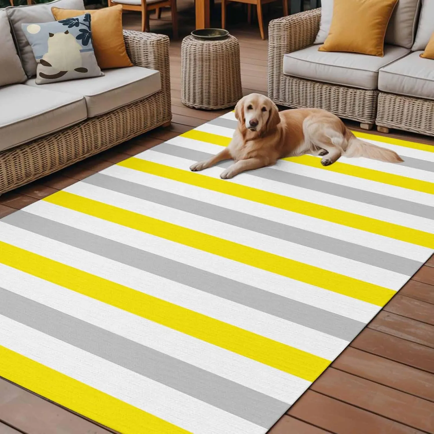 Yellow Stripe Outdoor Rug 5x8ft Large Patio Rug,Washable RV Camping Outside Area Runner Rug Mat,Geometric Grey White Vertical Striped Carpet for Picnic Backyard Deck Porch Balcony Beach & Indoor
