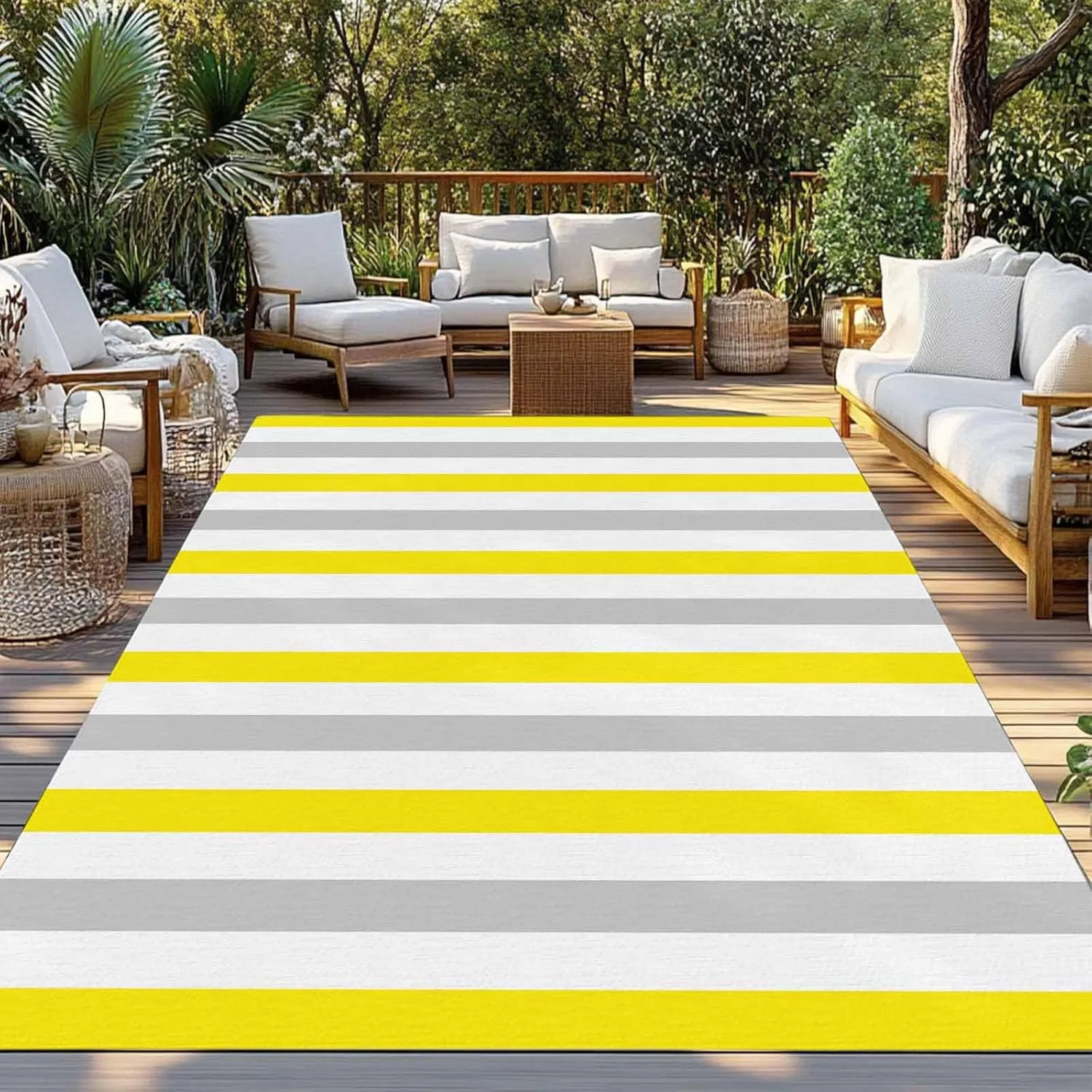 Yellow Stripe Outdoor Rug 5x8ft Large Patio Rug,Washable RV Camping Outside Area Runner Rug Mat,Geometric Grey White Vertical Striped Carpet for Picnic Backyard Deck Porch Balcony Beach & Indoor