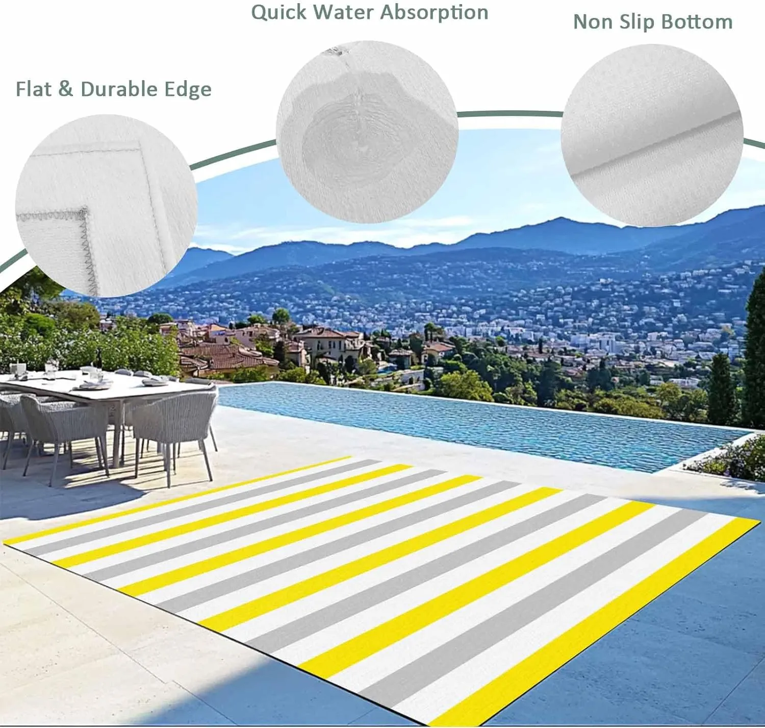 Yellow Stripe Outdoor Rug 5x8ft Large Patio Rug,Washable RV Camping Outside Area Runner Rug Mat,Geometric Grey White Vertical Striped Carpet for Picnic Backyard Deck Porch Balcony Beach & Indoor