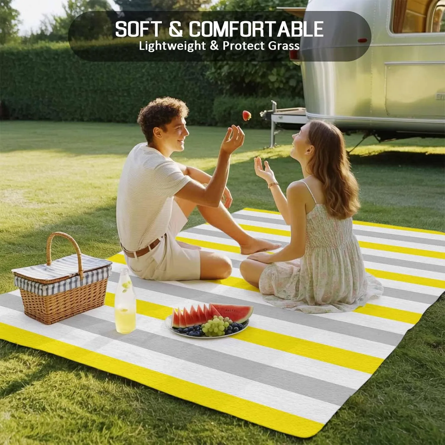 Yellow Stripe Outdoor Rug 5x8ft Large Patio Rug,Washable RV Camping Outside Area Runner Rug Mat,Geometric Grey White Vertical Striped Carpet for Picnic Backyard Deck Porch Balcony Beach & Indoor