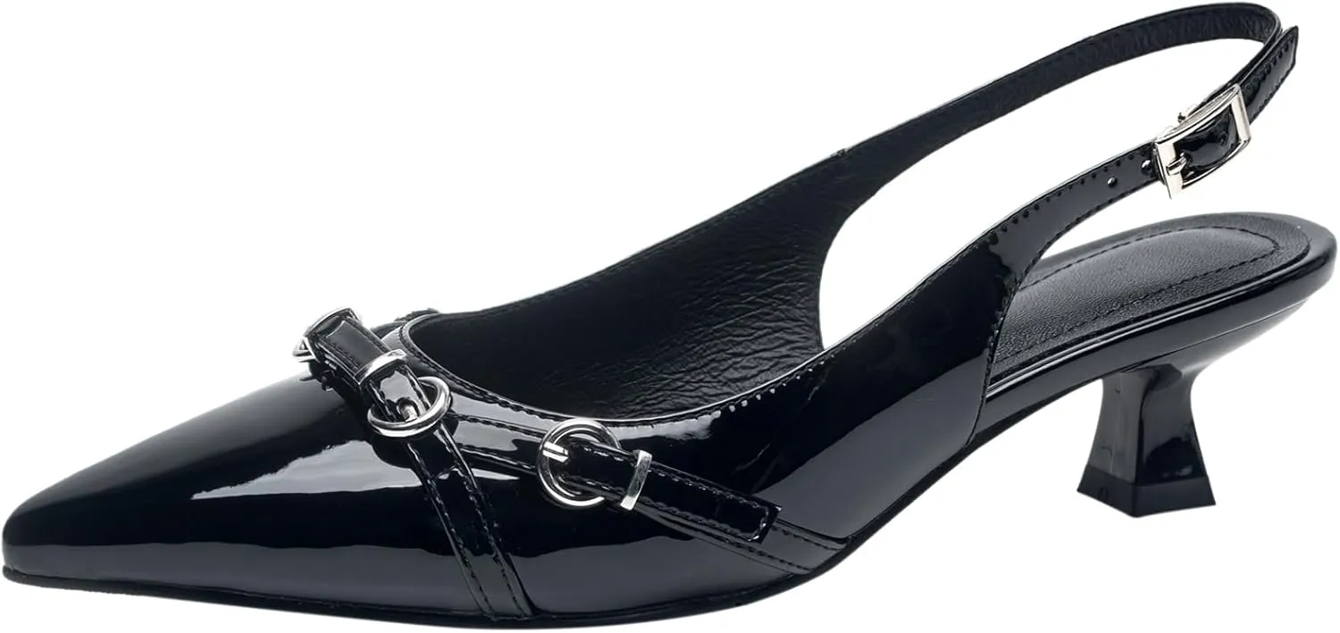 YIYA Slingback Kitten Heels for Women with Buckle Closed Pointed Toe Patent Leather Low Heels Backless Party Dress Slip On Pumps Shoes
