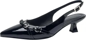 YIYA Slingback Kitten Heels for Women with Buckle Closed Pointed Toe Patent Leather Low Heels Backless Party Dress Slip On Pumps Shoes
