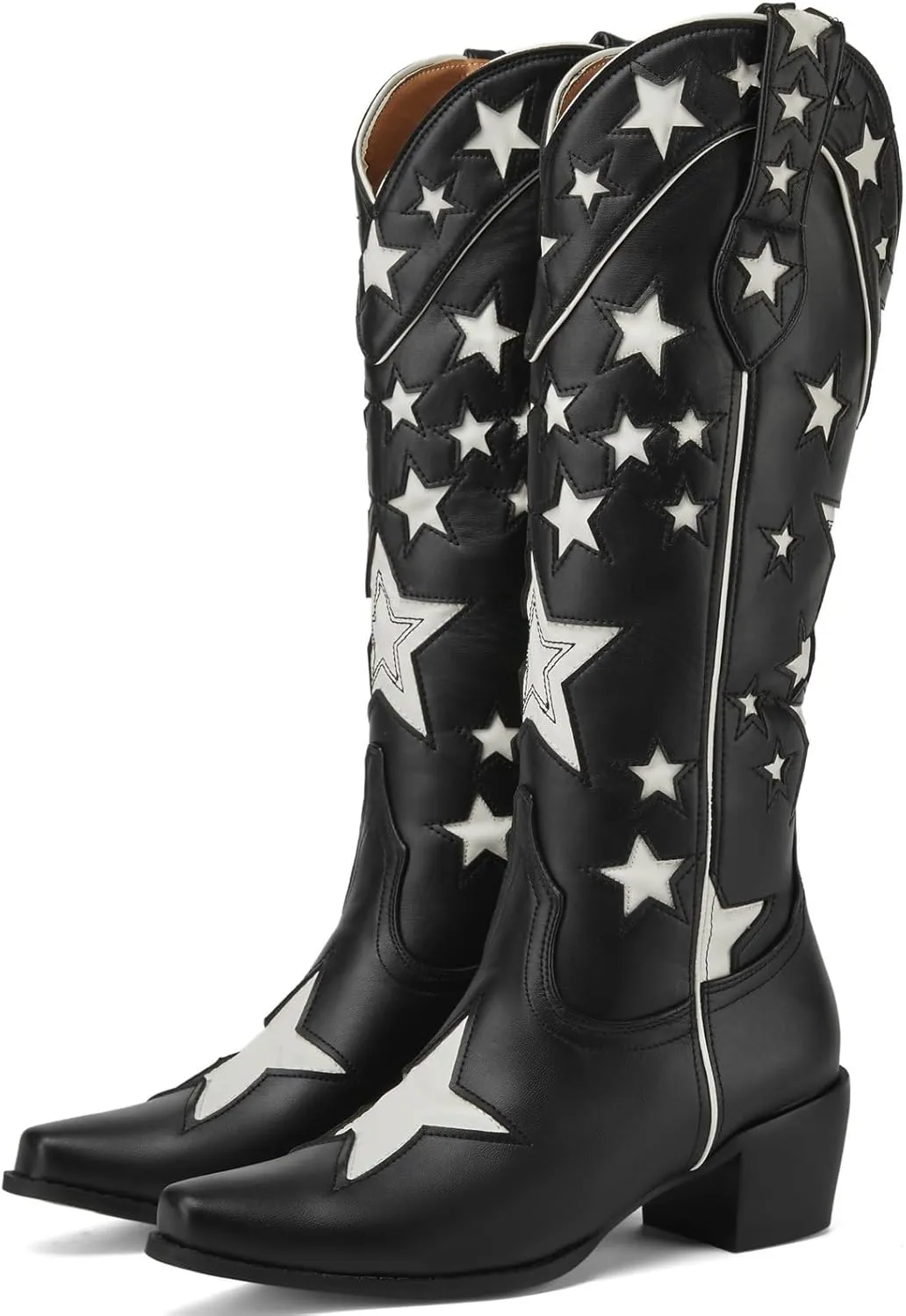 YIYA Women's Star Cowboy Boots Black and White Cowgirl Boots with White Stars Pointed Toe Chunky Low Heel Pull-On Wide Calf Western Embroidered Boots