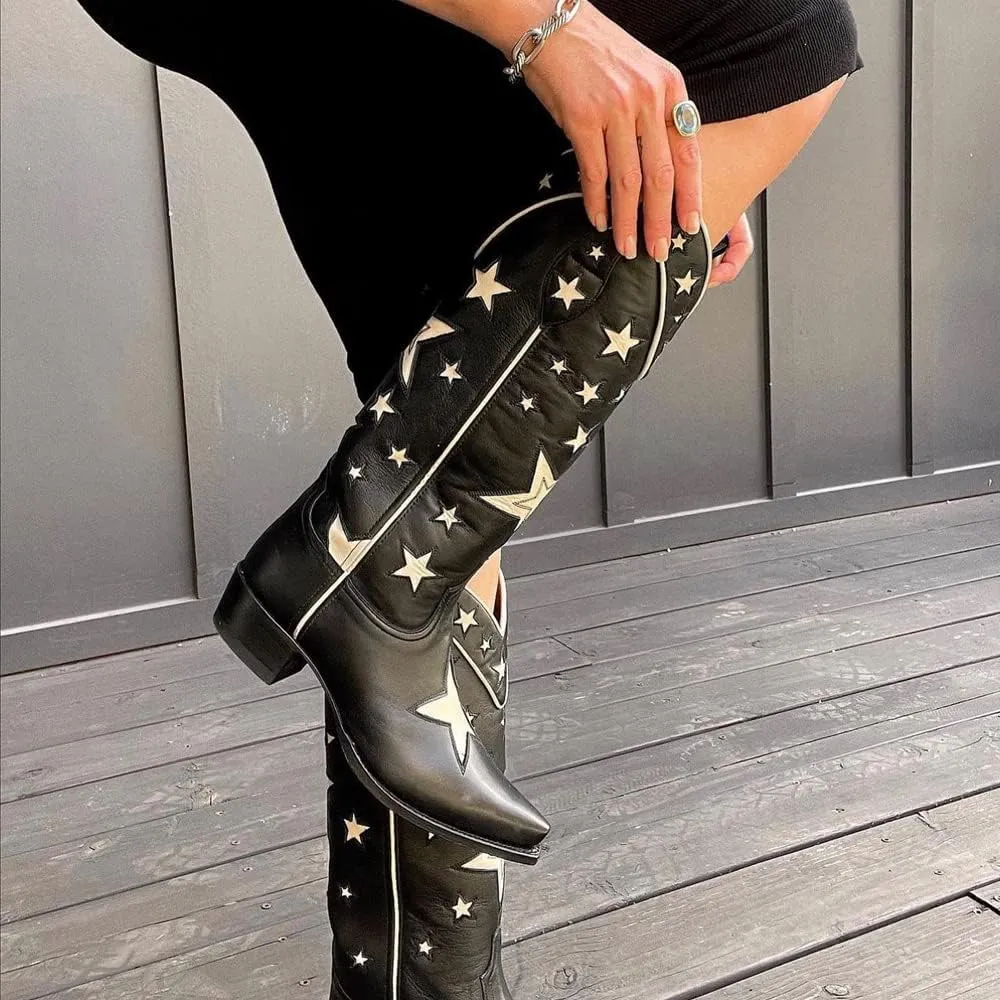YIYA Women's Star Cowboy Boots Black and White Cowgirl Boots with White Stars Pointed Toe Chunky Low Heel Pull-On Wide Calf Western Embroidered Boots