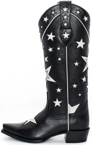 YIYA Women's Star Cowboy Boots Black and White Cowgirl Boots with White Stars Pointed Toe Chunky Low Heel Pull-On Wide Calf Western Embroidered Boots