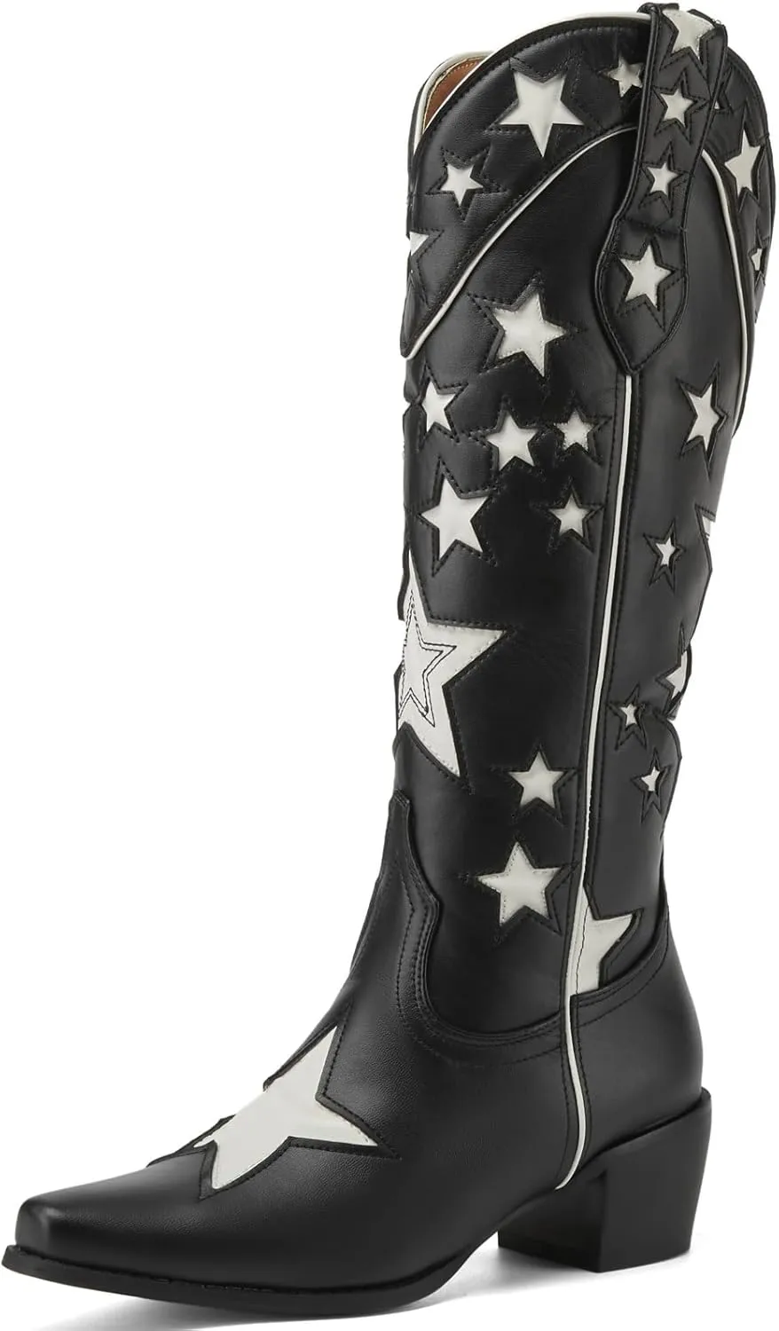 YIYA Women's Star Cowboy Boots Black and White Cowgirl Boots with White Stars Pointed Toe Chunky Low Heel Pull-On Wide Calf Western Embroidered Boots