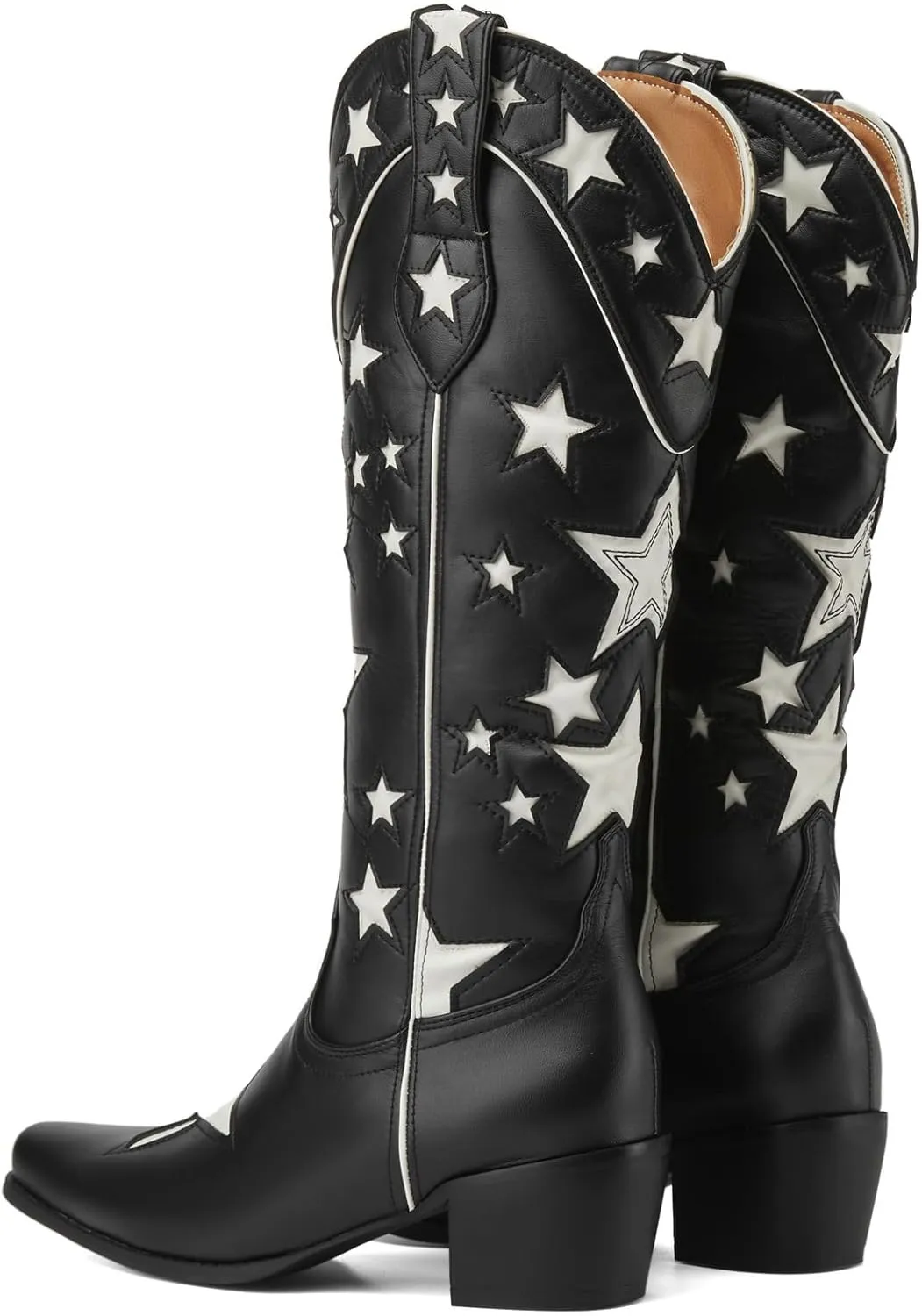 YIYA Women's Star Cowboy Boots Black and White Cowgirl Boots with White Stars Pointed Toe Chunky Low Heel Pull-On Wide Calf Western Embroidered Boots