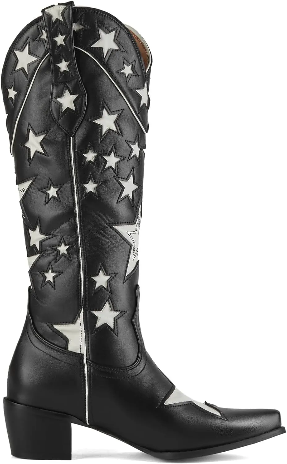 YIYA Women's Star Cowboy Boots Black and White Cowgirl Boots with White Stars Pointed Toe Chunky Low Heel Pull-On Wide Calf Western Embroidered Boots