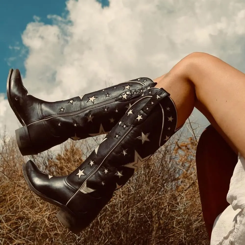 YIYA Women's Star Cowboy Boots Black and White Cowgirl Boots with White Stars Pointed Toe Chunky Low Heel Pull-On Wide Calf Western Embroidered Boots