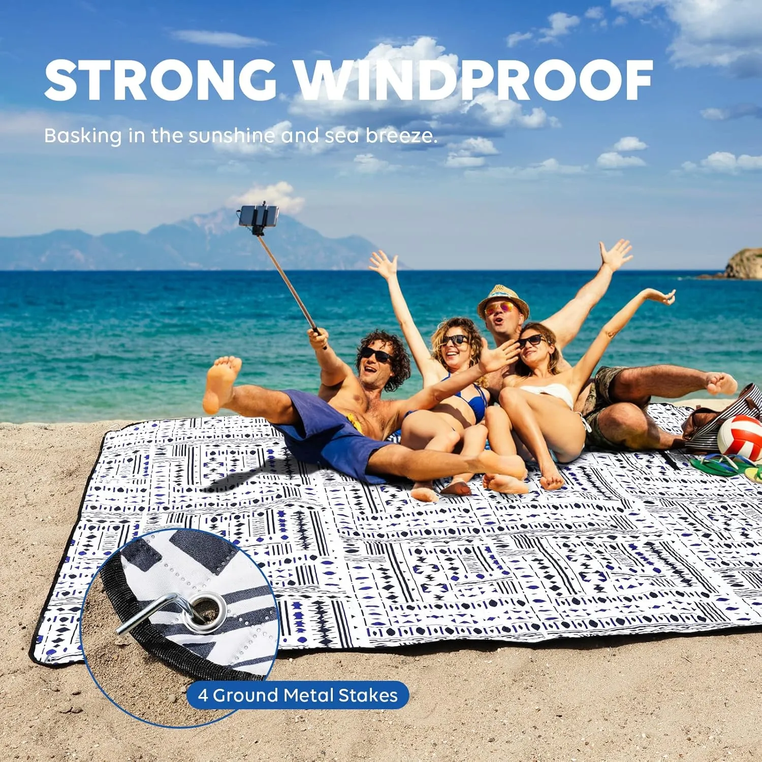 ZAZE Picnic Blankets Beach Blanket with Stakes, Thick 3-Layer Waterproof Sandproof 80 * 80 Oversized Mat, Foldable Extra Large Big, Machine Washable Accessories for Outdoor Camping Park (Black Blue)