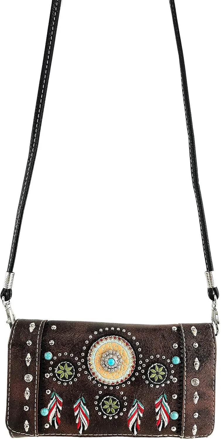 Zelris Tribal Native Dream Catcher Feather Concho Embroidered Crossbody Fold Wallet