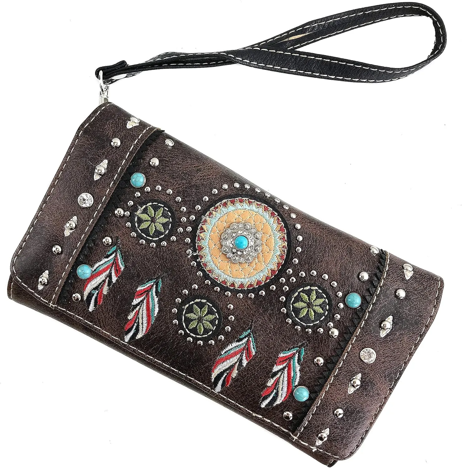 Zelris Tribal Native Dream Catcher Feather Concho Embroidered Crossbody Fold Wallet