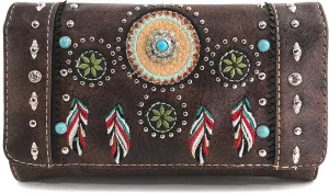 Zelris Tribal Native Dream Catcher Feather Concho Embroidered Crossbody Fold Wallet