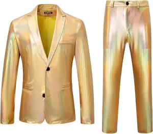 ZEROYAA Men's Metallic Shiny Suits Disco Sequin Blazer and Pants 2 Piece Sets for Party Prom