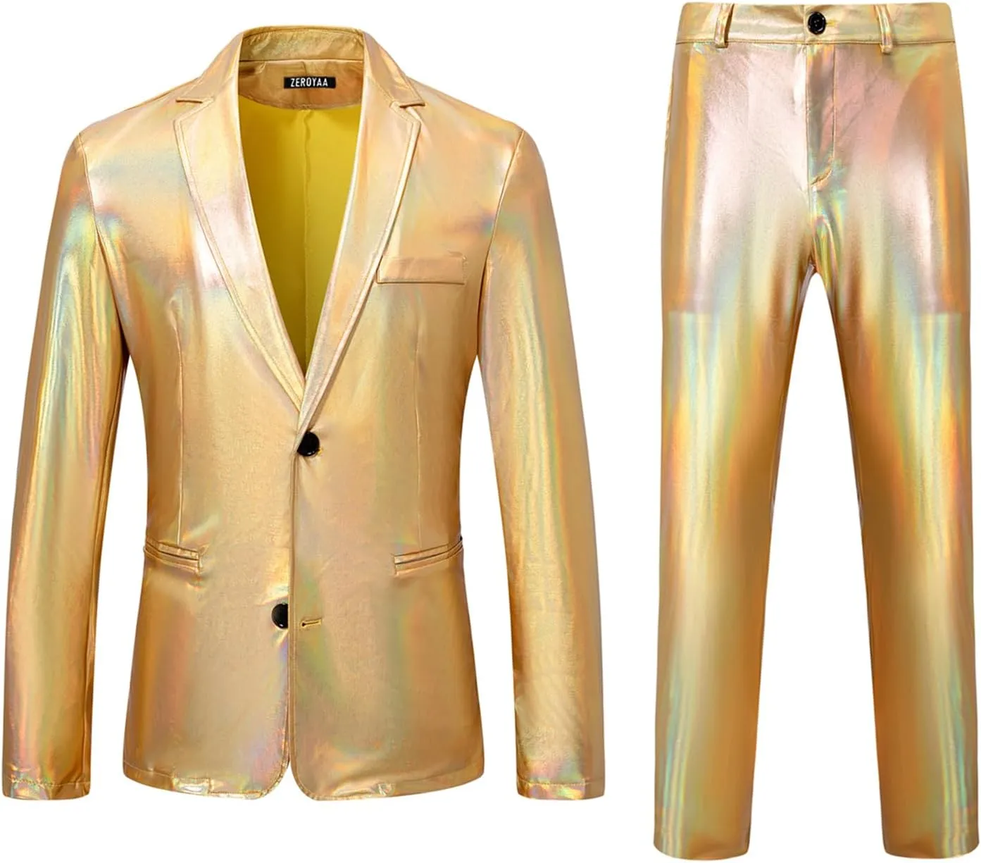 ZEROYAA Men's Metallic Shiny Suits Disco Sequin Blazer and Pants 2 Piece Sets for Party Prom