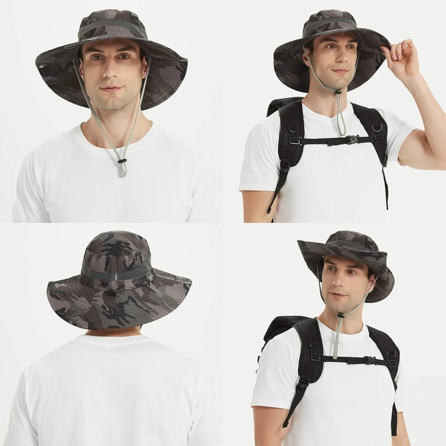 ZLYC Mens Waterproof Camo Sun Hat Wide Brim Packable Outdoor Mesh Fishing Bucket Hats
