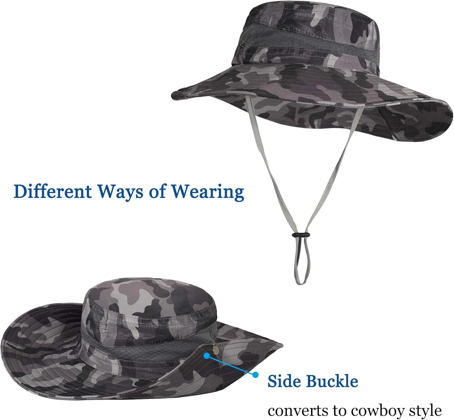 ZLYC Mens Waterproof Camo Sun Hat Wide Brim Packable Outdoor Mesh Fishing Bucket Hats