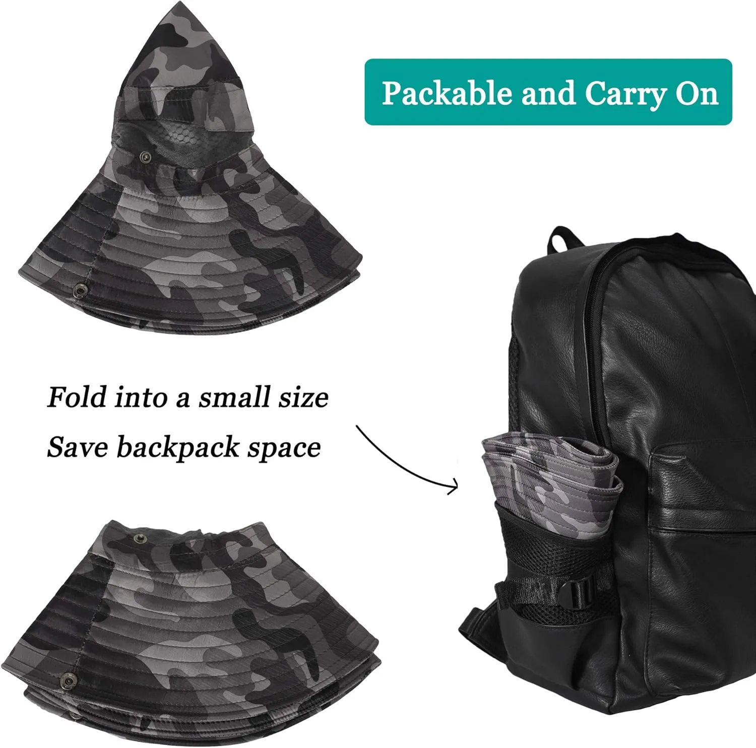 ZLYC Mens Waterproof Camo Sun Hat Wide Brim Packable Outdoor Mesh Fishing Bucket Hats