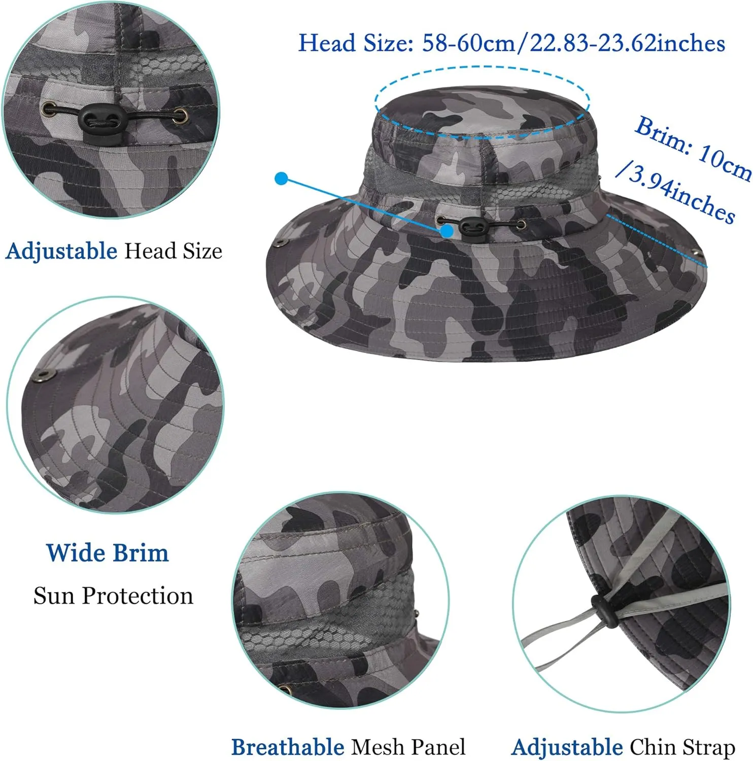 ZLYC Mens Waterproof Camo Sun Hat Wide Brim Packable Outdoor Mesh Fishing Bucket Hats