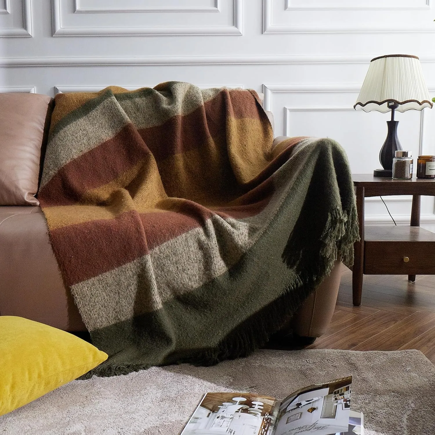 ZonLi Throw Blanket, 50" x 60" Yellow Decorative Classic Blankets with Tassel for Couch, Bed, Sofa, Chair, Outdoor, Cozy Warm Lightweight Blankets (Brown & Yellow)