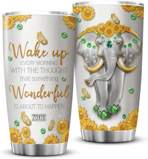 ZOXIX Elephant Insulated Tumbler 20oz Jewelry Style Wake Up Every Morning Motivation Coffee Mugs For Women Stainless Steel Cup With Lid Sunflower Animal Print Tumbler Elephant Gift