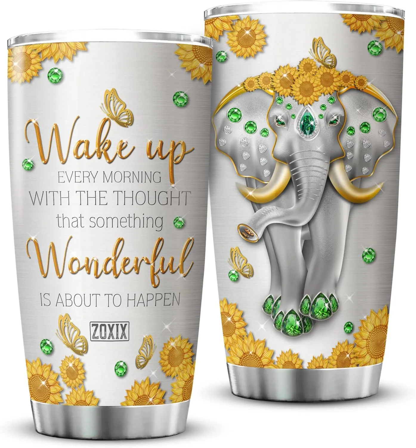 ZOXIX Elephant Insulated Tumbler 20oz Jewelry Style Wake Up Every Morning Motivation Coffee Mugs For Women Stainless Steel Cup With Lid Sunflower Animal Print Tumbler Elephant Gift