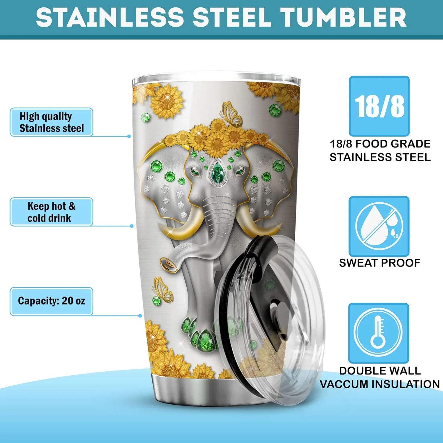 ZOXIX Elephant Insulated Tumbler 20oz Jewelry Style Wake Up Every Morning Motivation Coffee Mugs For Women Stainless Steel Cup With Lid Sunflower Animal Print Tumbler Elephant Gift