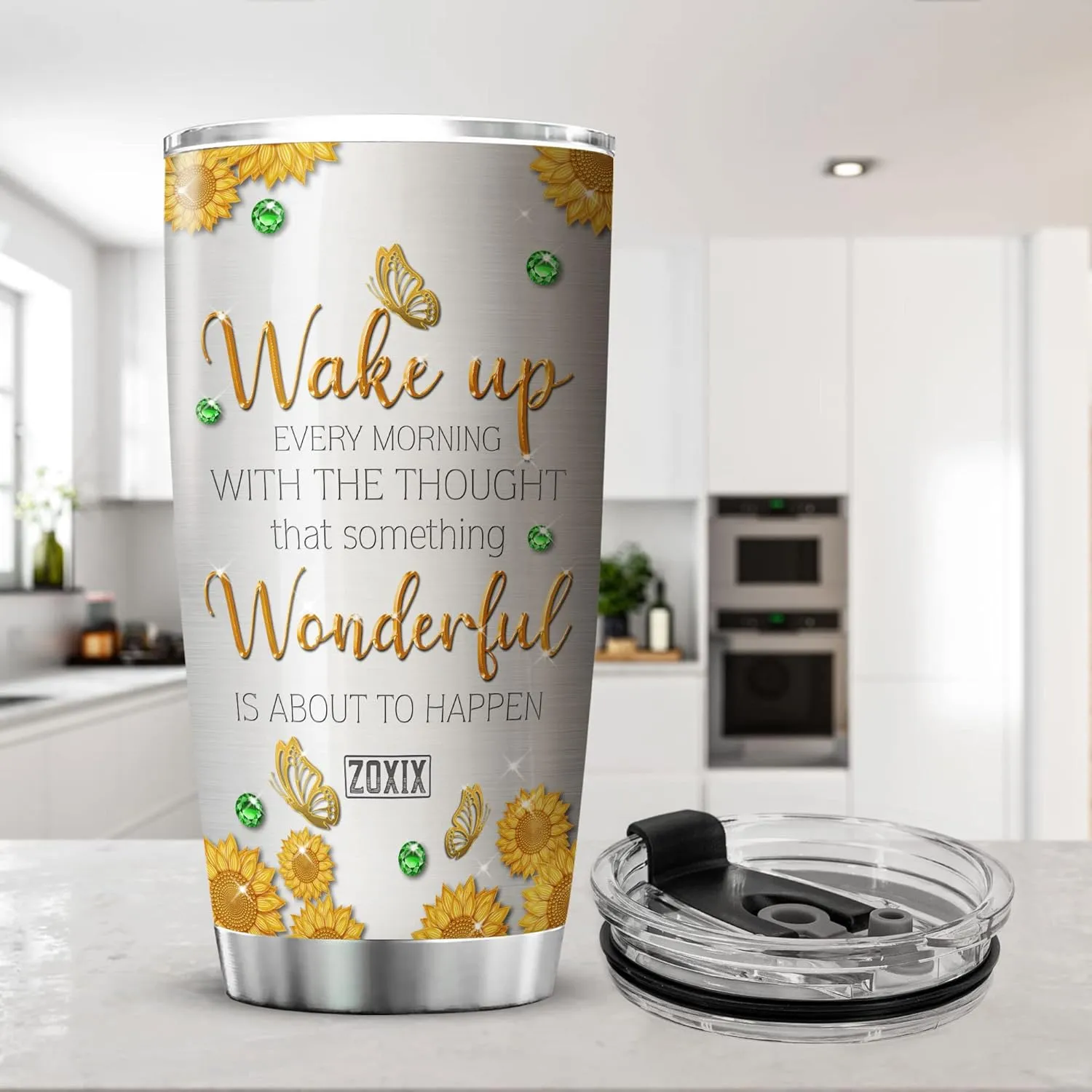 ZOXIX Elephant Insulated Tumbler 20oz Jewelry Style Wake Up Every Morning Motivation Coffee Mugs For Women Stainless Steel Cup With Lid Sunflower Animal Print Tumbler Elephant Gift