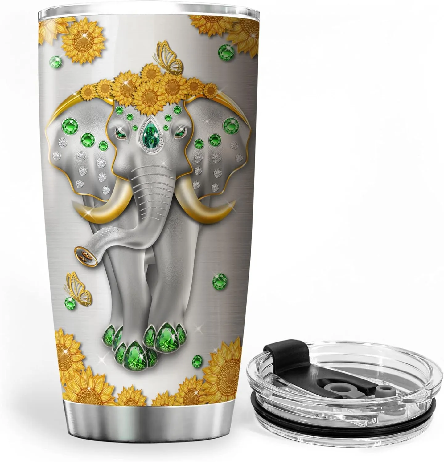 ZOXIX Elephant Insulated Tumbler 20oz Jewelry Style Wake Up Every Morning Motivation Coffee Mugs For Women Stainless Steel Cup With Lid Sunflower Animal Print Tumbler Elephant Gift