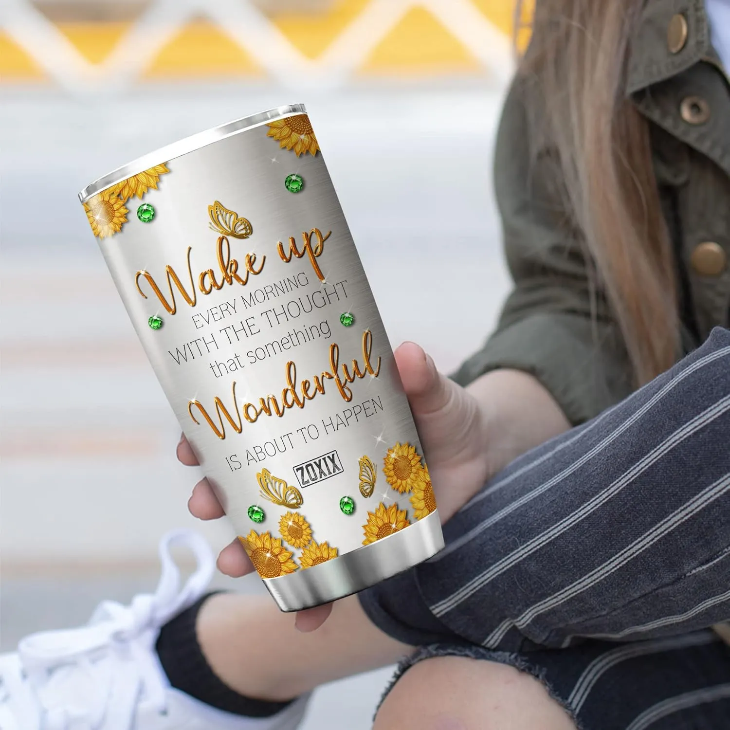 ZOXIX Elephant Insulated Tumbler 20oz Jewelry Style Wake Up Every Morning Motivation Coffee Mugs For Women Stainless Steel Cup With Lid Sunflower Animal Print Tumbler Elephant Gift