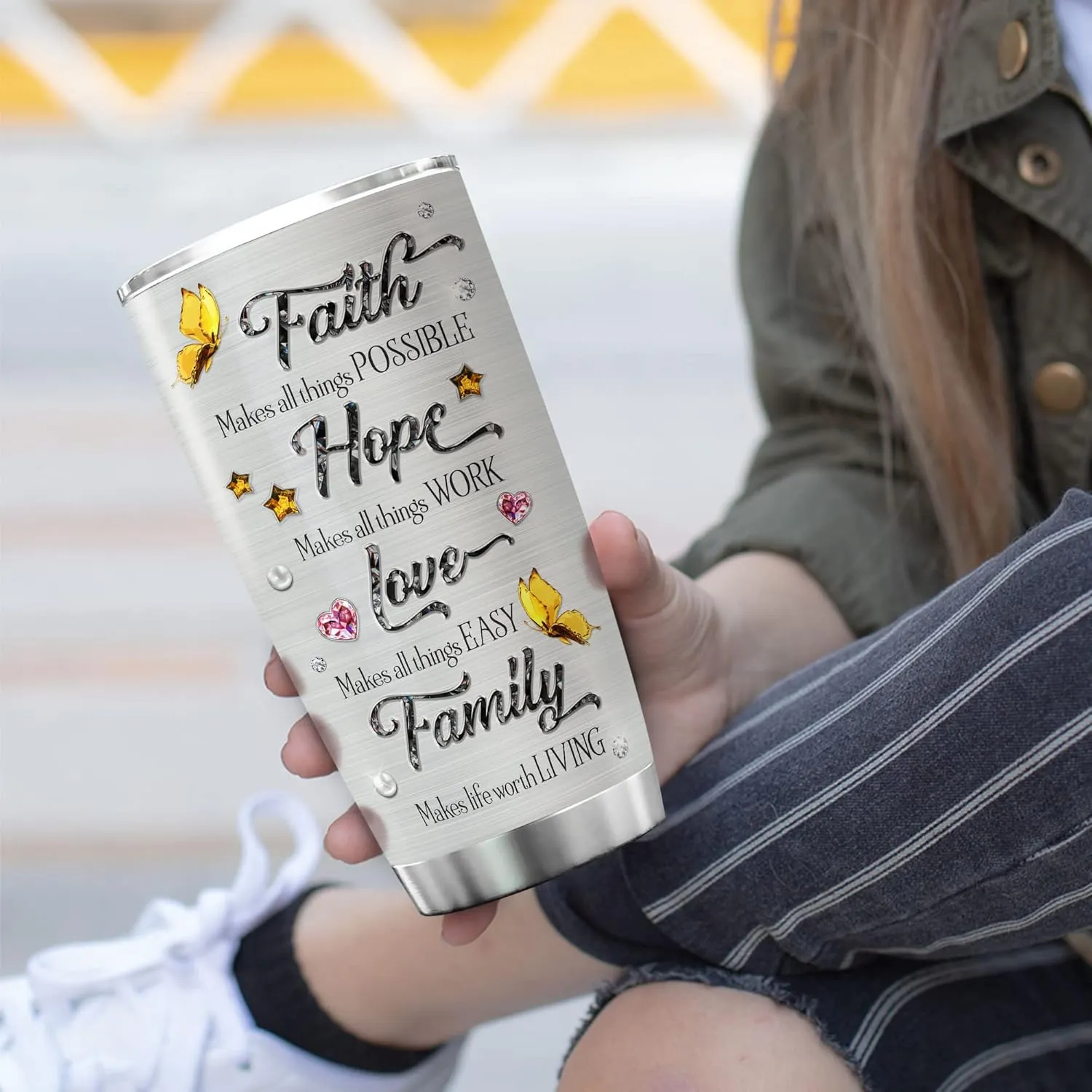 ZOXIX Insulated Coffee Tumbler Personalized Name Cup 20oz Jewelry Style Faith Makes All Things Possible Custom Christian Gifts Inspiration Religious Stainless Steel Cups For Women