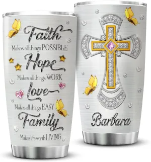 ZOXIX Insulated Coffee Tumbler Personalized Name Cup 20oz Jewelry Style Faith Makes All Things Possible Custom Christian Gifts Inspiration Religious Stainless Steel Cups For Women