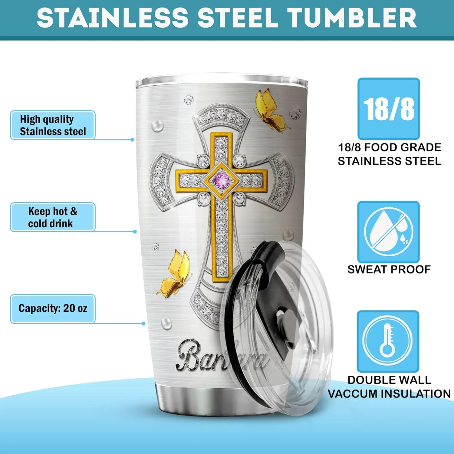 ZOXIX Insulated Coffee Tumbler Personalized Name Cup 20oz Jewelry Style Faith Makes All Things Possible Custom Christian Gifts Inspiration Religious Stainless Steel Cups For Women